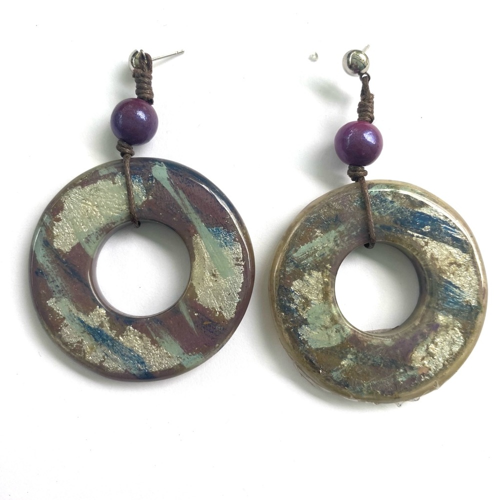 Purple pearlized wrapped wrap bead loop thread dangle foil earring dangling